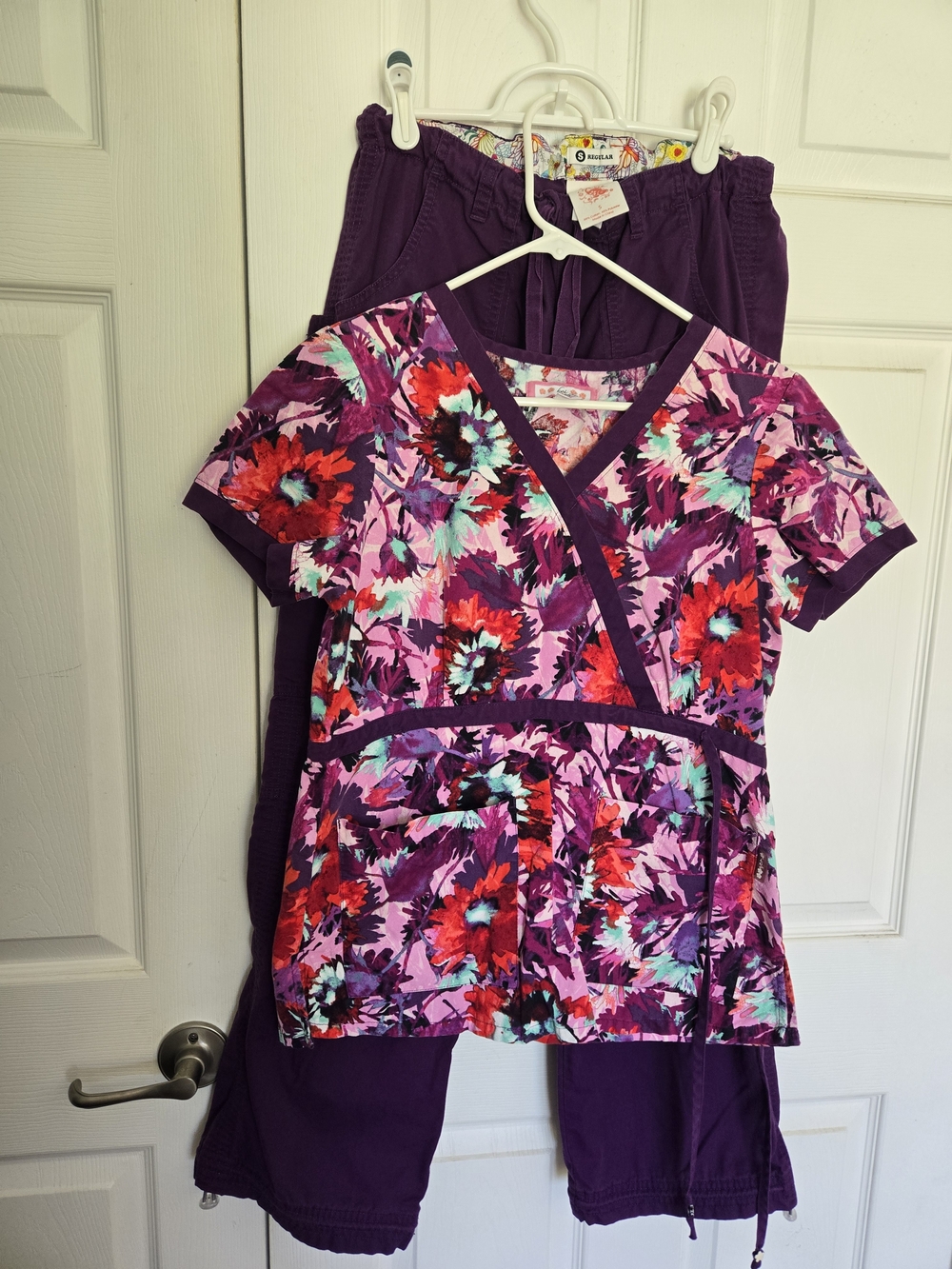 Koi Small Side Tie Purple Floral Print Scrub Top and Pants
